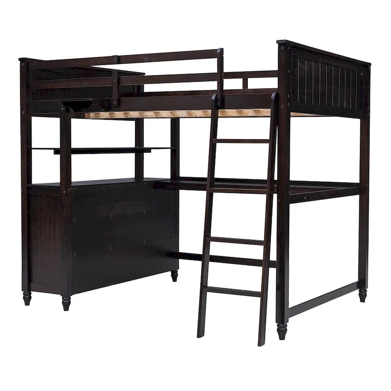 Full Size Loft Bed with Drawers and Desk, Wooden Loft Bed with Shelves - White