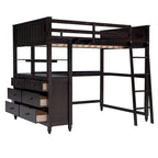 Full Size Loft Bed with Drawers and Desk, Wooden Loft Bed with Shelves - White