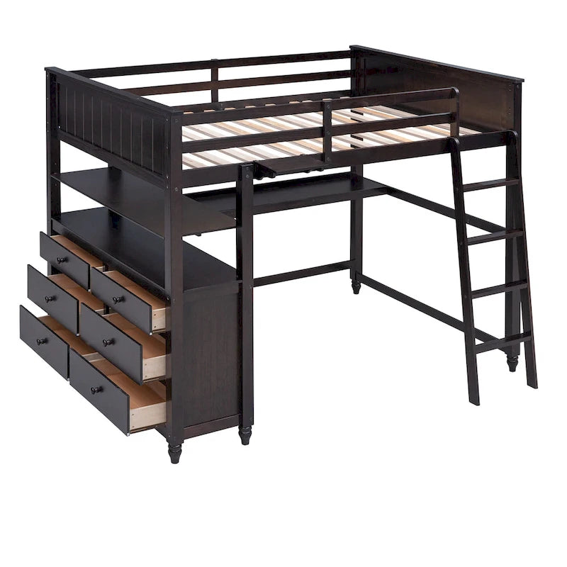 Full Size Loft Bed with Drawers and Desk, Wooden Loft Bed with Shelves - White