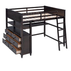 Full Size Loft Bed with Drawers and Desk, Wooden Loft Bed with Shelves - White