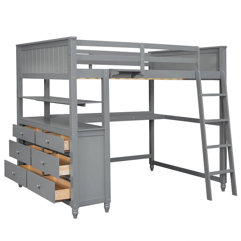Full Size Loft Bed with Drawers and Desk, Wooden Loft Bed with Shelves - White