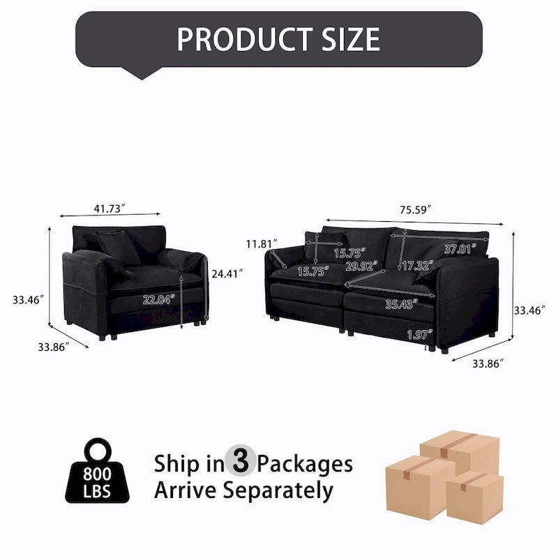 3-Piece Chenille Cloud Sofa & Armchair Set with Deep Seats & 3 Pillows