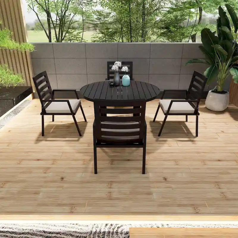 Round Dining Table Powder-Coated Aluminum Top with Slatted Design and Umbrella Hole for Family Gatherings & Parties