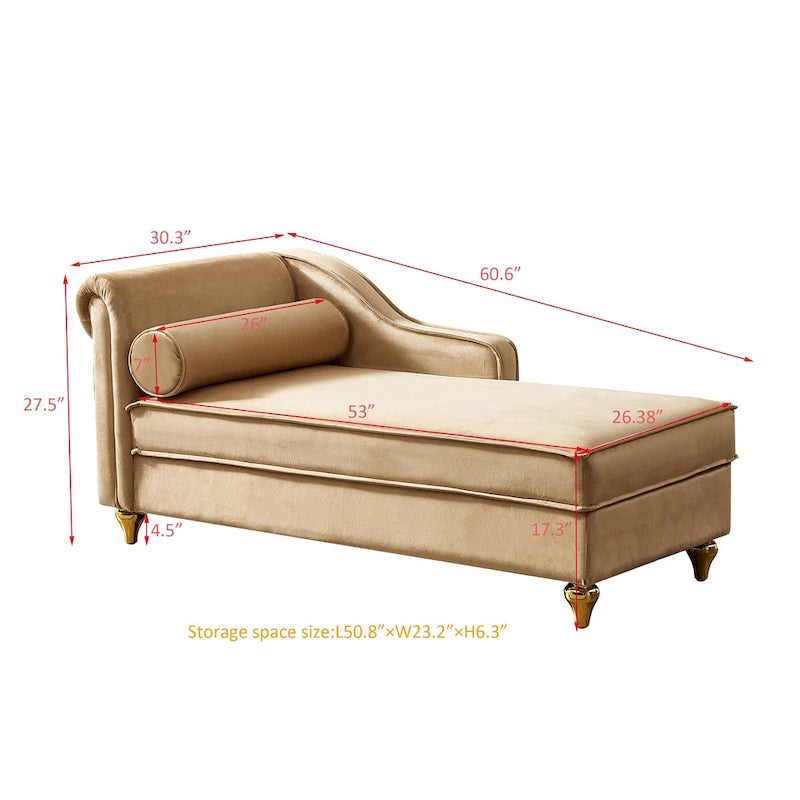 Khaki Modern 60.6 Velvet Upholstered Chaise Lounge Chair with Metal Legs and Storage