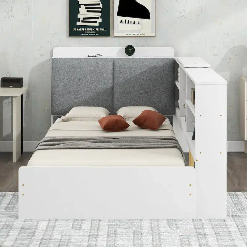 King Size Upholstered Bed with Storage Headboard and Trundle