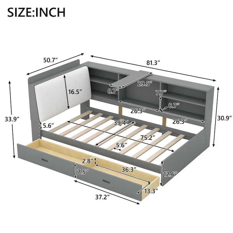 King Size Upholstered Bed with Storage Headboard and Trundle