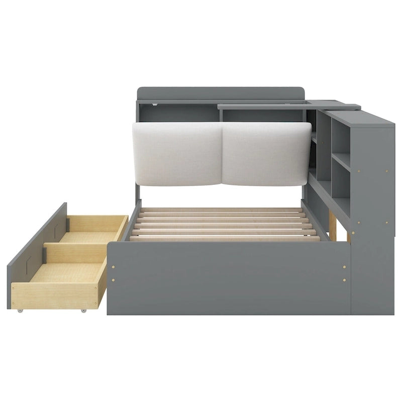 King Size Upholstered Bed with Storage Headboard and Trundle