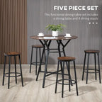 HOMCOM Industrial 5-Piece Bar Table and Chairs Set, Space Saving Dining Table with 4 Stools for Pub and Kitchen, Black & Brown
