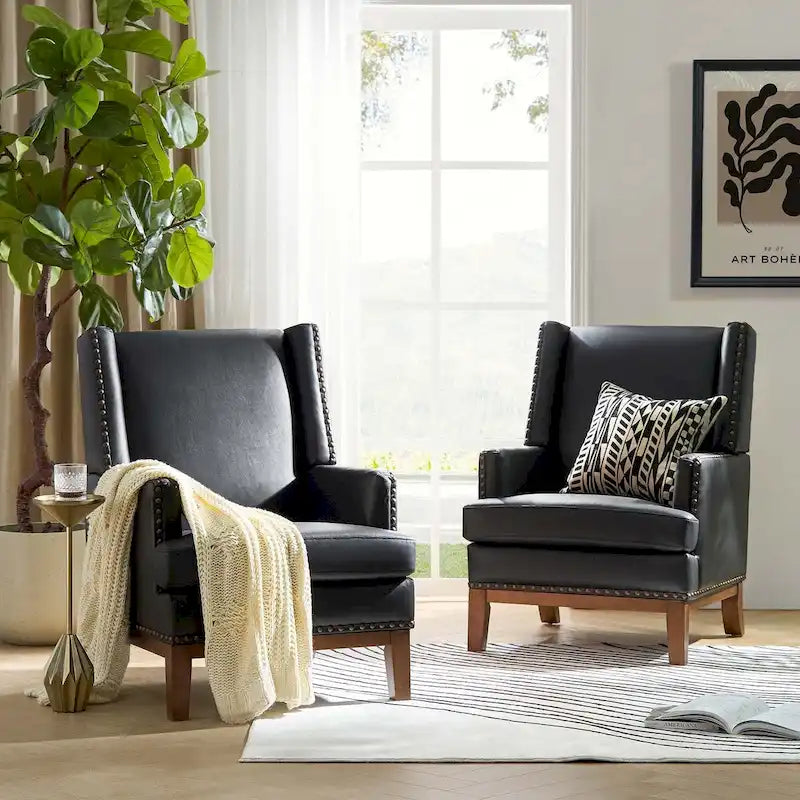 Lourdes Genuine Leather Armchair with Solid Wood Frame and Removable Seat Cushion,Set of 2 by