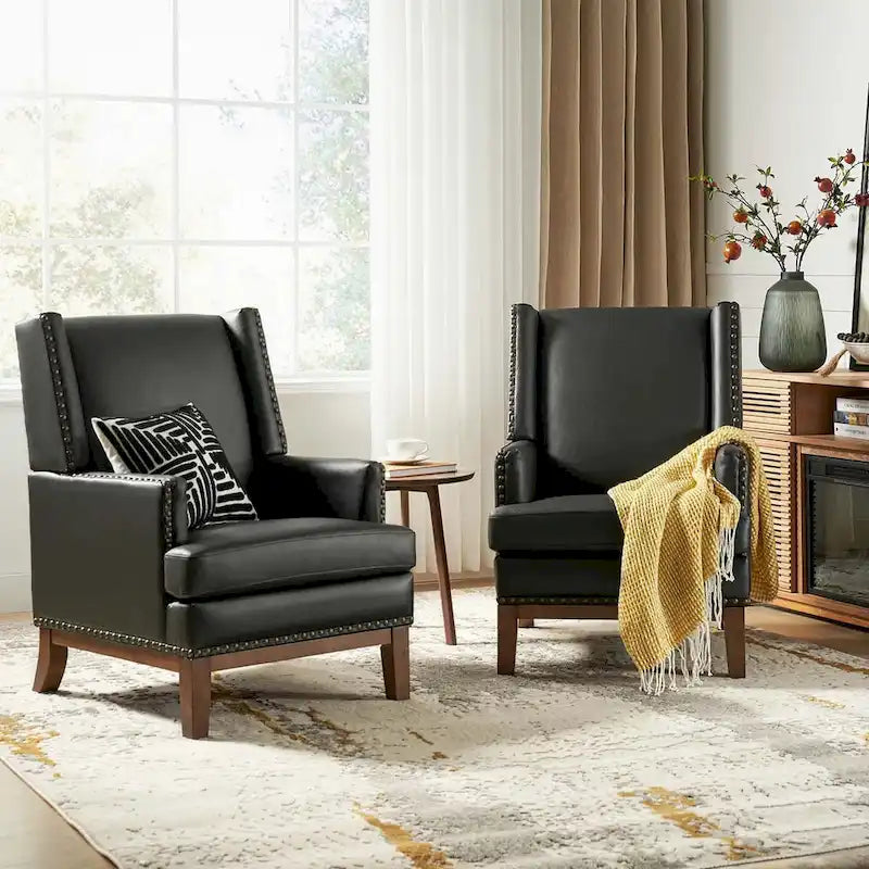 Lourdes Genuine Leather Armchair with Solid Wood Frame and Removable Seat Cushion,Set of 2 by 