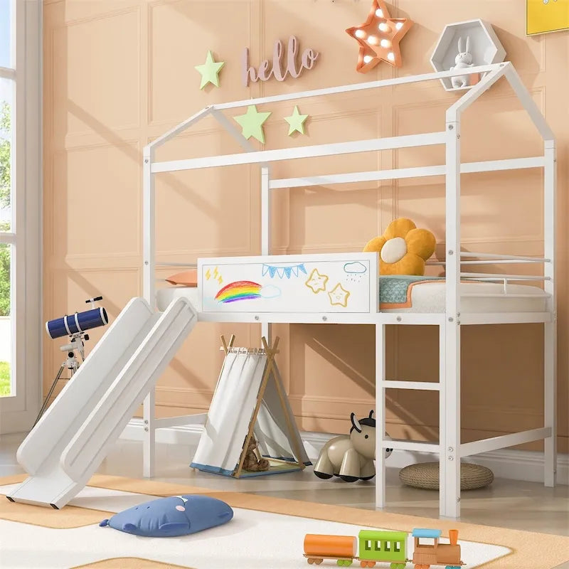 Merax Metal Twin House Loft Bed with Two-sided writable Wooden Board, Slide