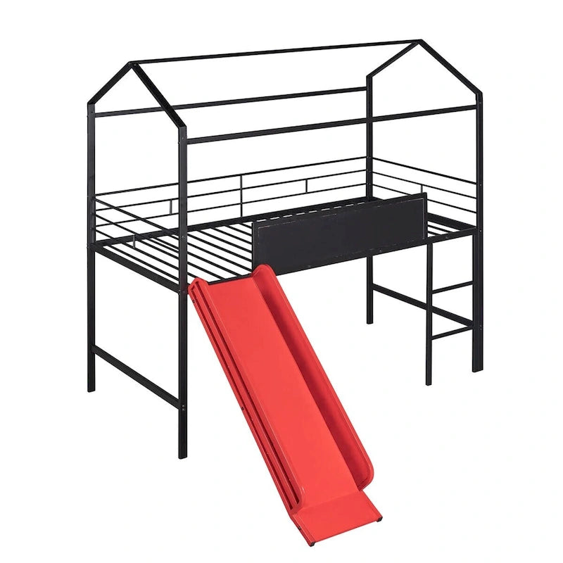 Merax Metal Twin House Loft Bed with Two-sided writable Wooden Board, Slide