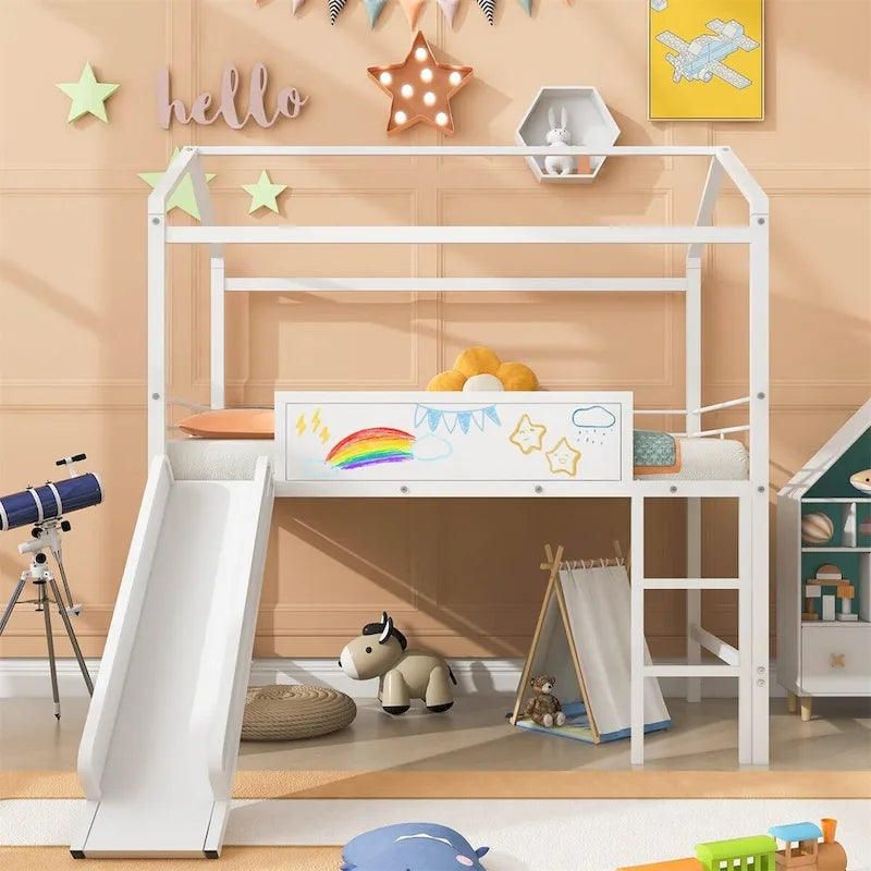 Merax Metal Twin House Loft Bed with Two-sided writable Wooden Board, Slide