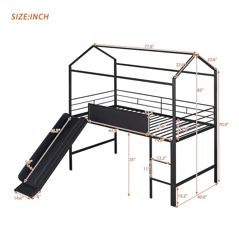 Merax Metal Twin House Loft Bed with Two-sided writable Wooden Board, Slide