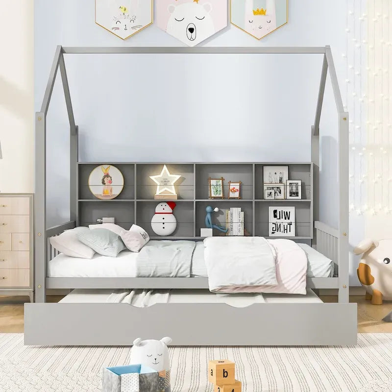 Full Solid Wood House Day Bed with Trundle