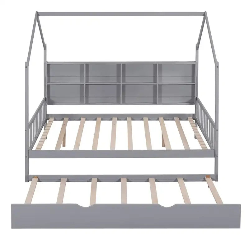 Full Solid Wood House Day Bed with Trundle