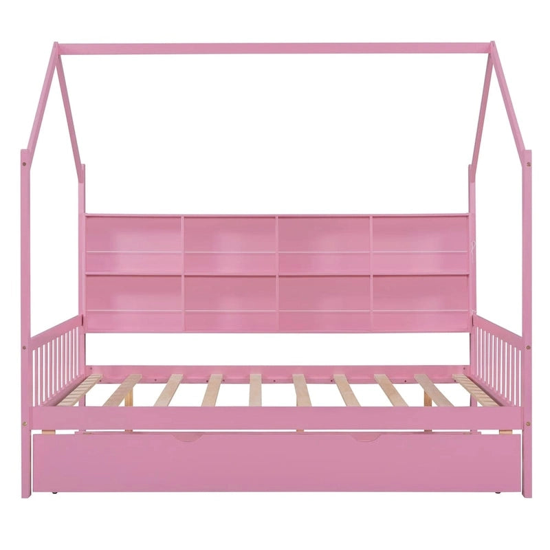 Full Solid Wood House Day Bed with Trundle