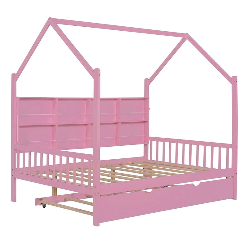 Full Solid Wood House Day Bed with Trundle