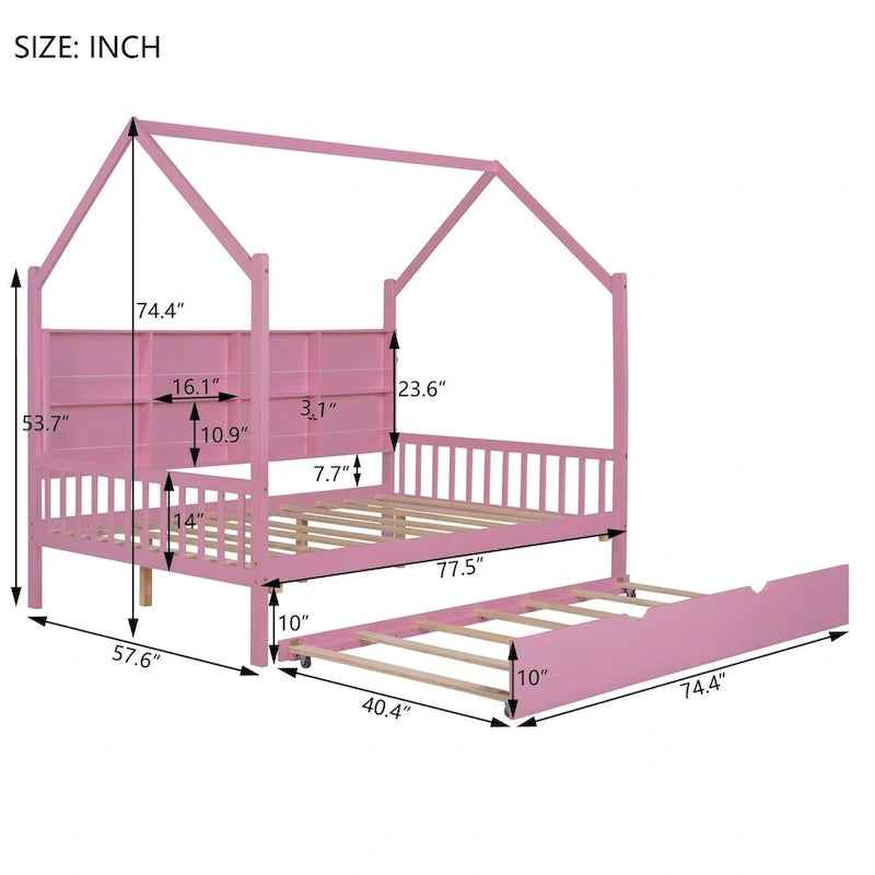 Full Solid Wood House Day Bed with Trundle